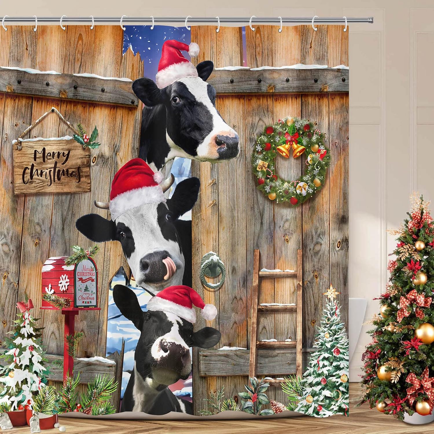 Farmhouse Cow Christmas Shower Curtain Set