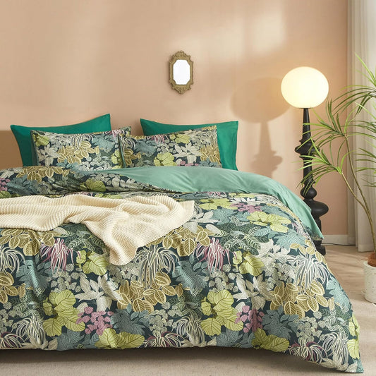 Tropical Multicolored Leaves Print Duvet Cover Set for King Size