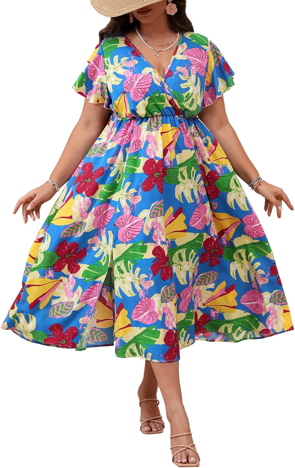 Floerns Women's Plus Size Boho Floral V Neck A Line Dress