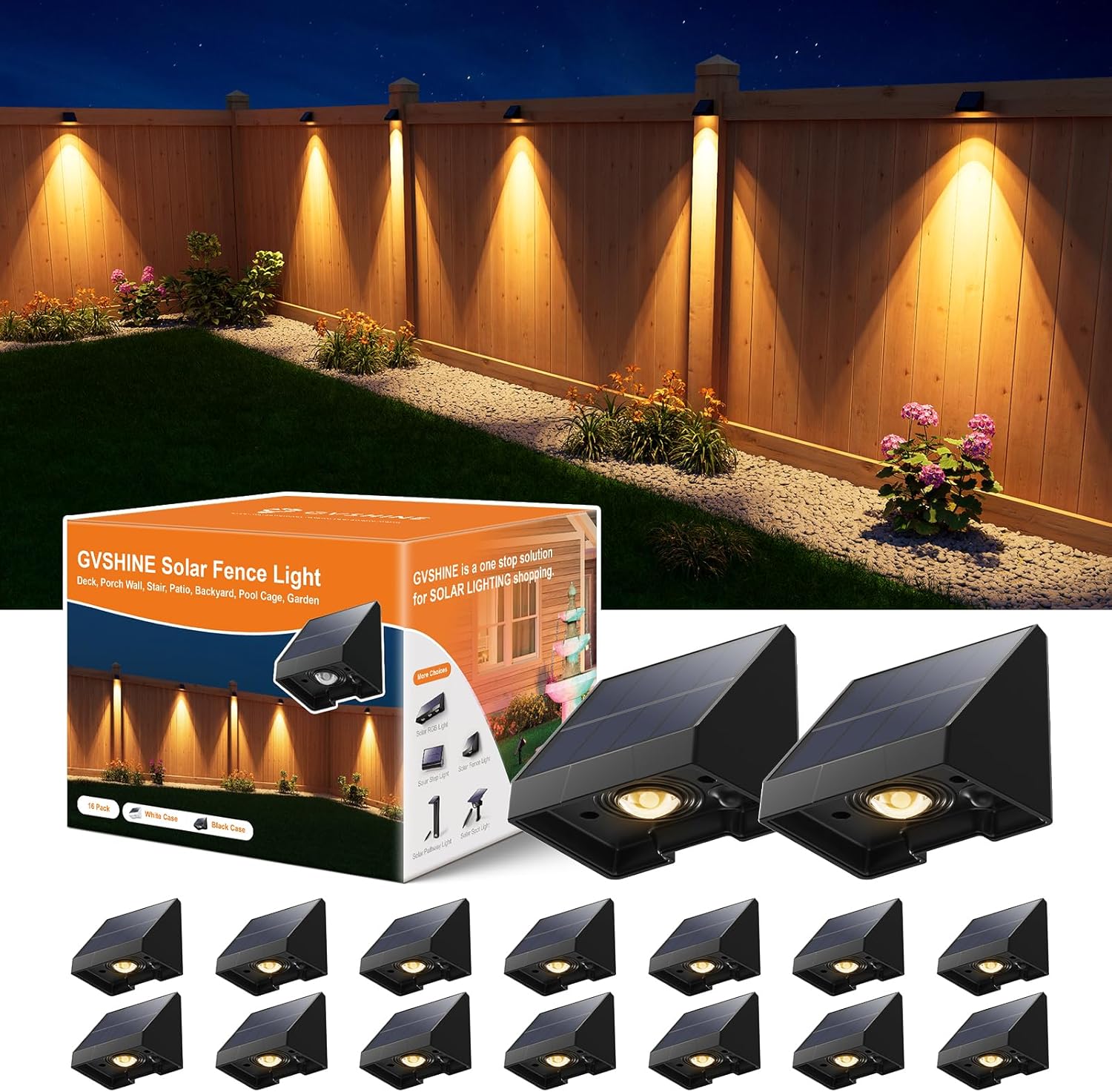 16 Pack Solar Powered Fence Lamps for Outdoor Security Lighting