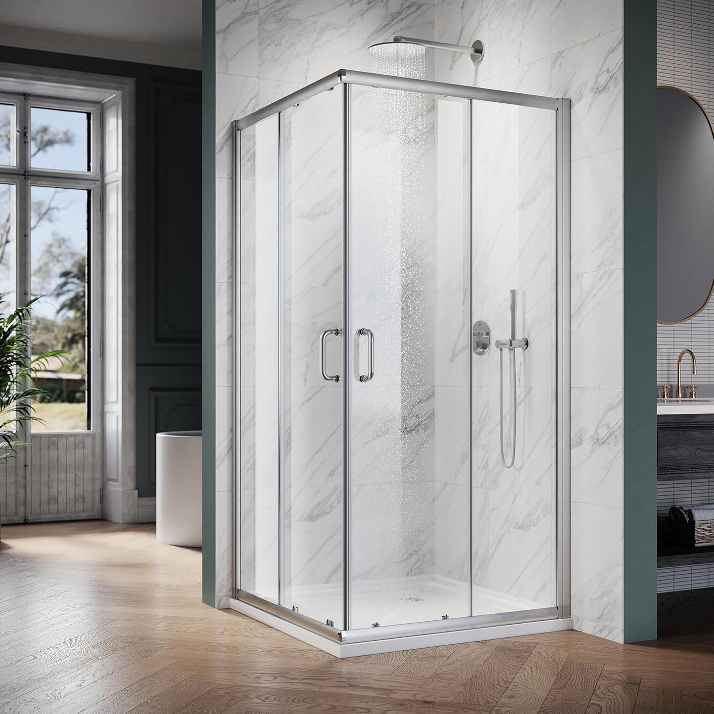 Elegant Corner Shower Door with Double Sliding Doors and Base