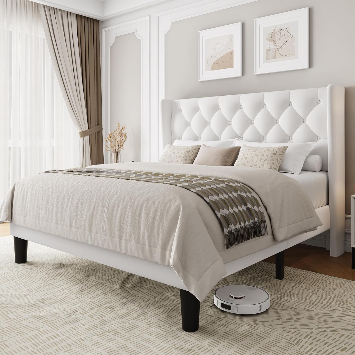 Queen Size Upholstered Bed Frame with Wingback Headboard Design
