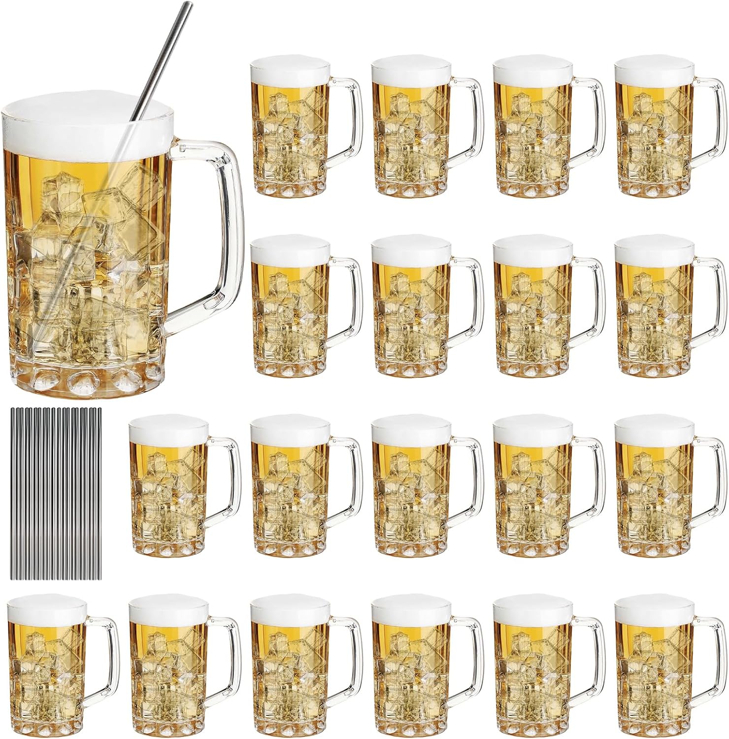 20 Pcs Plastic Beer Mugs with Handles and Straws for Parties