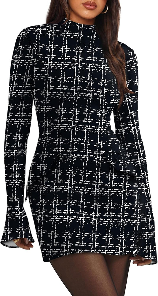 OFEEFAN Women's Fall Long Sleeve Mock Neck Bodycon Mini Dress