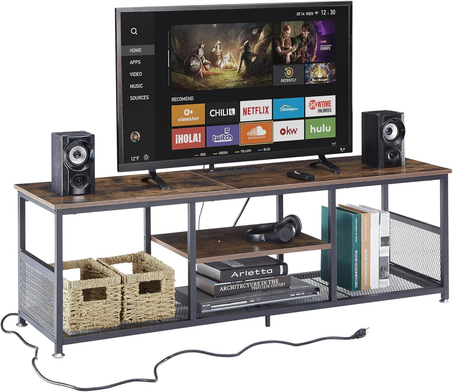 VECELO 65 TV Stand: Power Outlets, Charging Station, 3-Tier Storage [Brown]