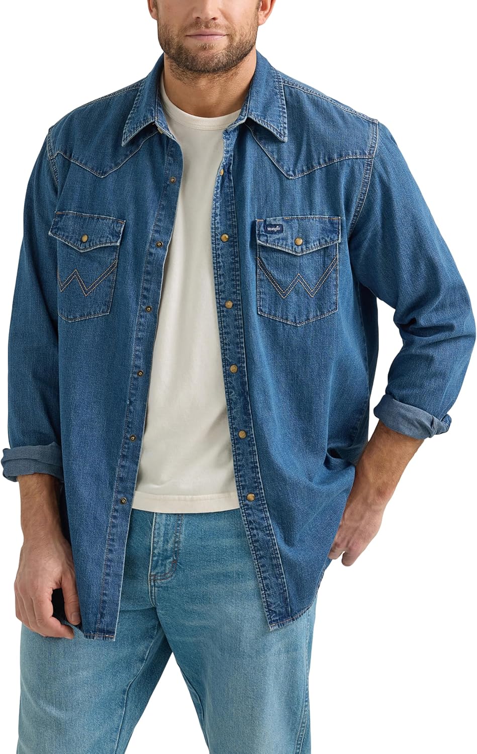 Wrangler Men's Denim Light Wash Long Sleeve Snap Shirt Review