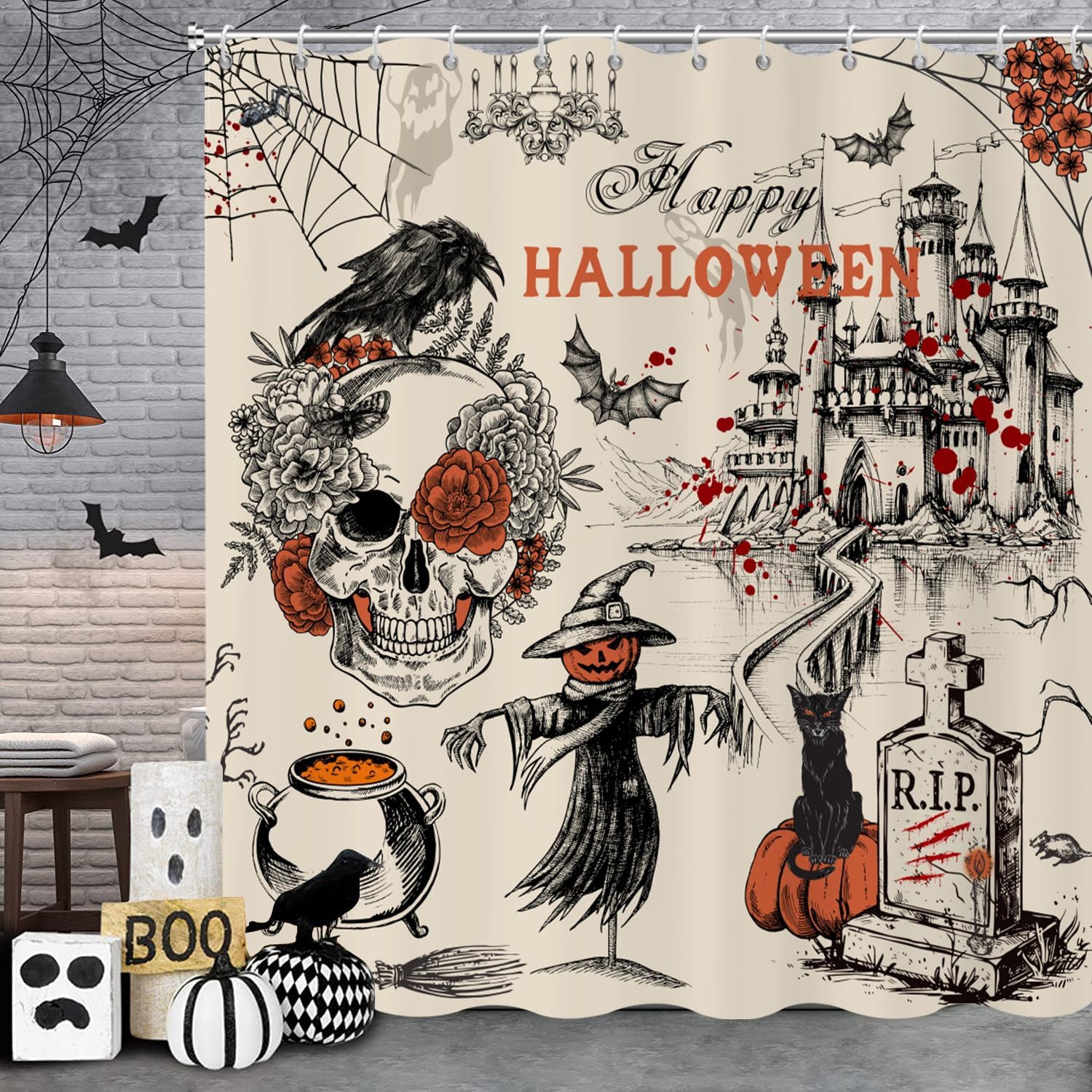 Vintage Gothic Halloween Shower Curtain, Waterproof & Machine Washable, 72x84, Caheansi