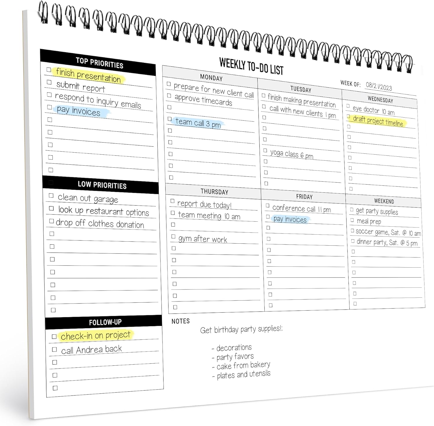 Undated Weekly Desk Planner - 52 Sheets - Organize Your Days! - 8.5x11 Spiral Notepad