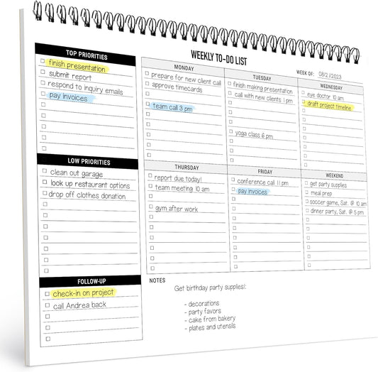 Undated Weekly Desk Planner - 52 Sheets - Organize Your Days! - 8.5x11 Spiral Notepad