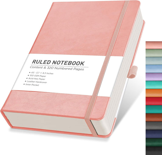 Rettacy A5 Lined Journal - 320 Numbered Pages, Work & Writing - Pink