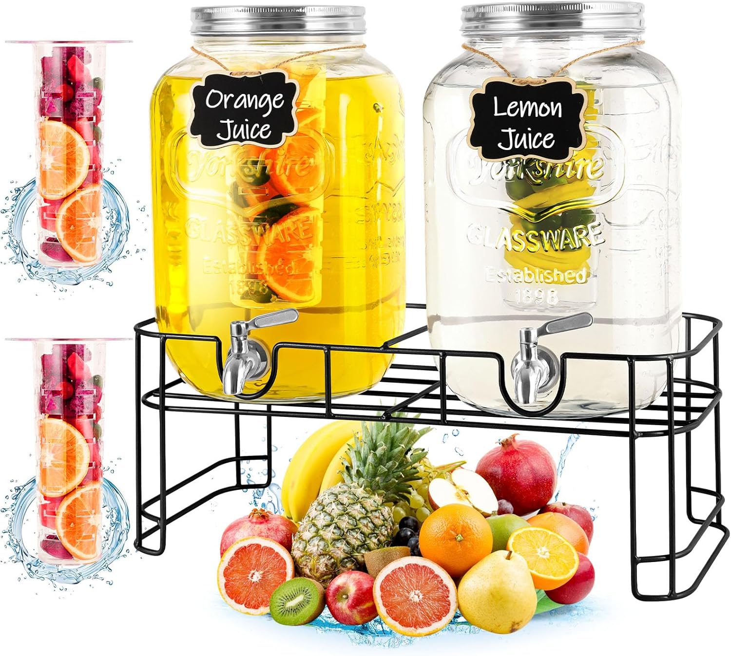 2 Pack 2 Gallon Glass Beverage Dispenser with Stand and Ice Core