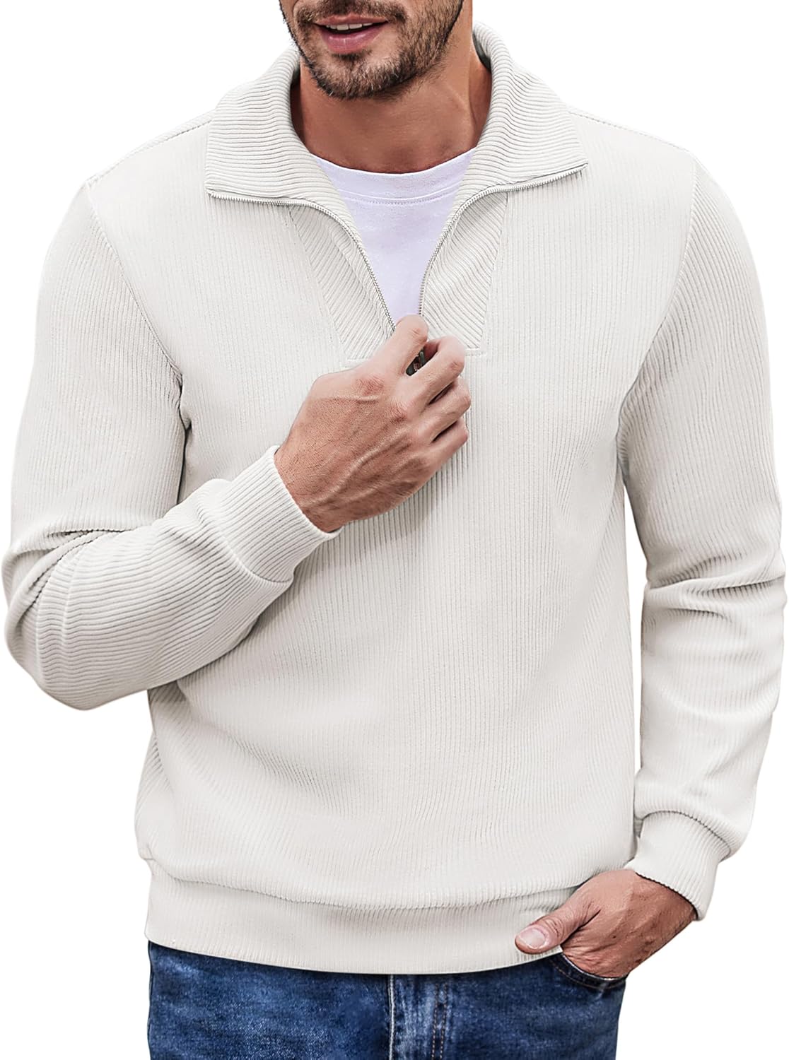 COOFANDY Men's Quarter Zip Pullover Mock Neck Casual Sweater