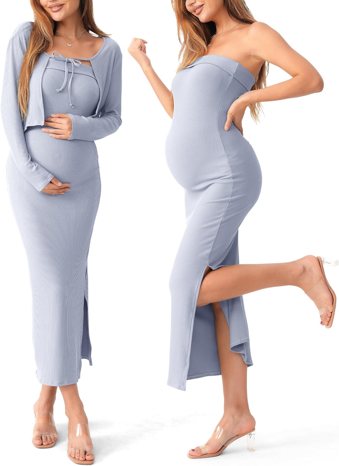 SUNNYBUY Maternity Tube Dress and Cardigan Set for Moms
