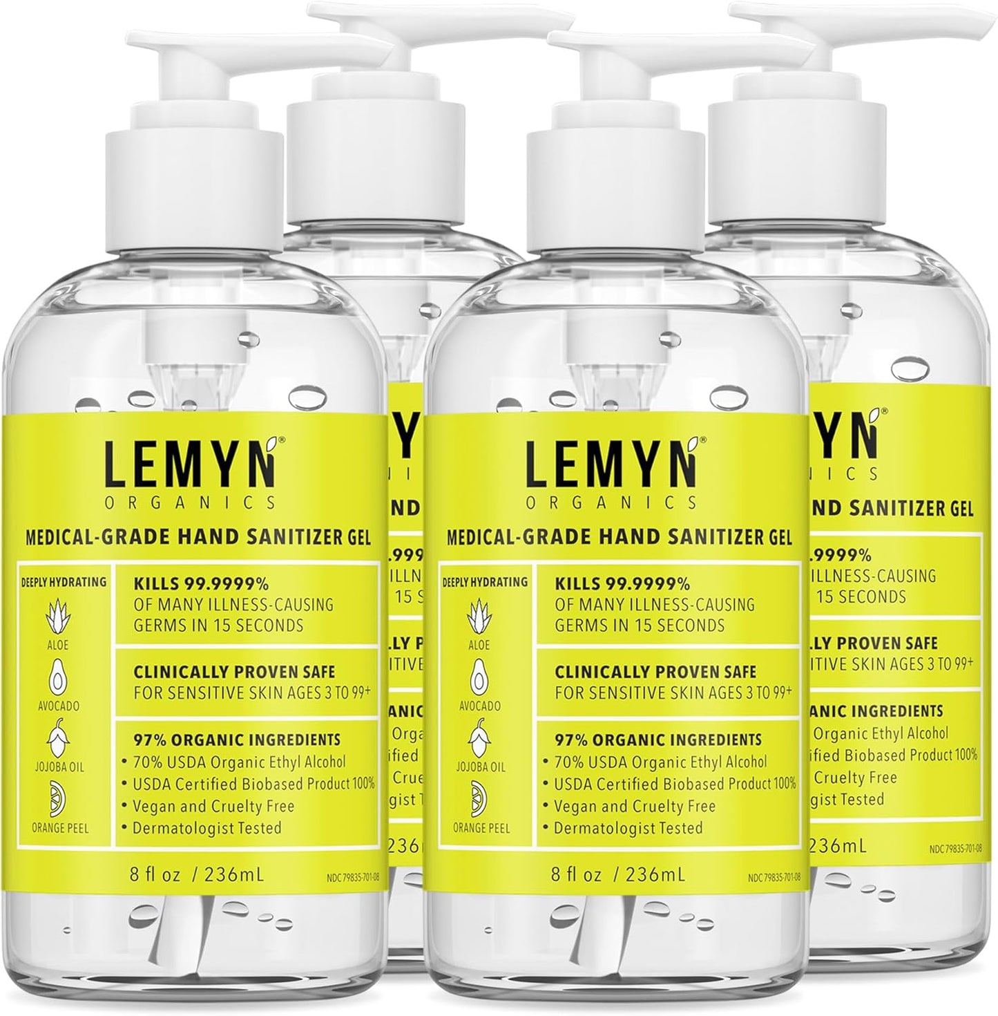 Organic Hand Sanitizer Gel - 97% - 8 Fl.Oz. Pump - 4 Pack