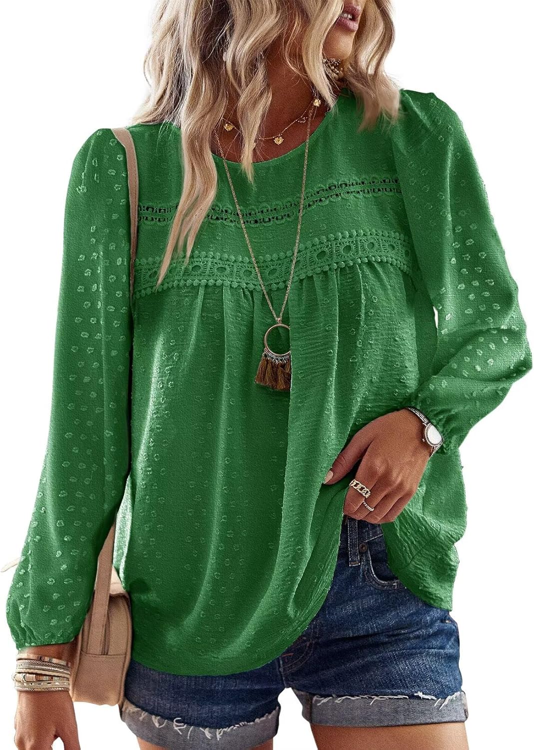 Womens Fall Tops Crewneck Long Sleeve Casual Chiffon Blouses