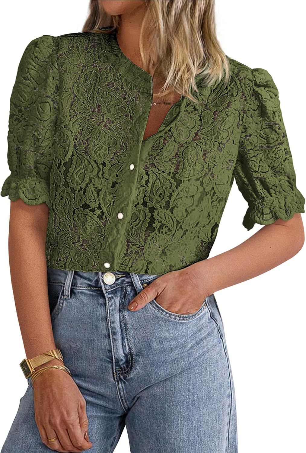 PRETTYGARDEN Womens Lace Tops Short Puff Sleeve Blouses