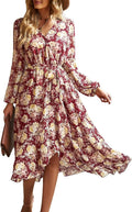 Women's Floral Boho Maxi Dress - Long Sleeve Wrap V Neck Ruffle