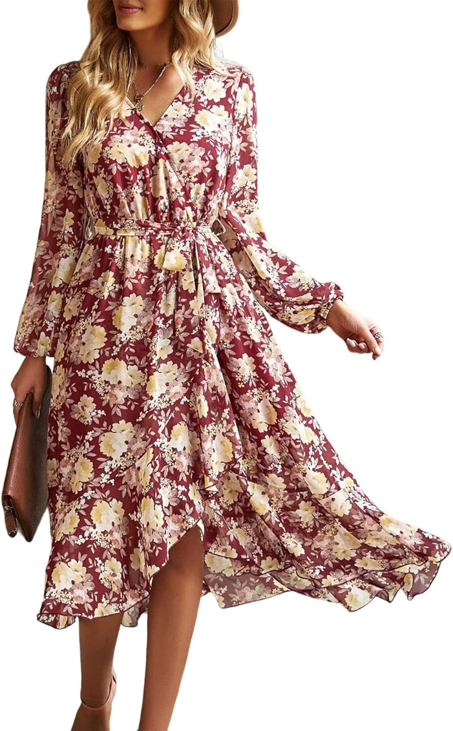 Floral Boho Dress for Women - Long Sleeve Maxi with Ruffles