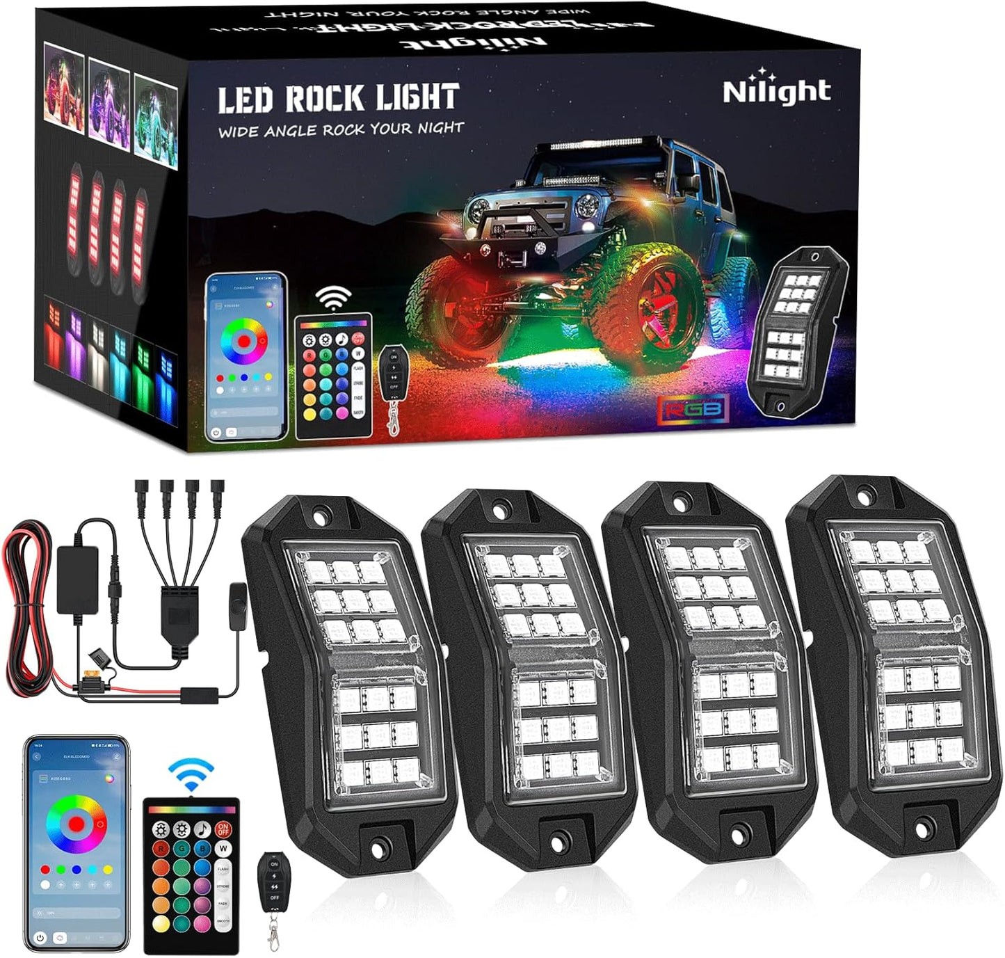 Nilight RGB LED Rock Lights Kit for Offroad Vehicles and Boats