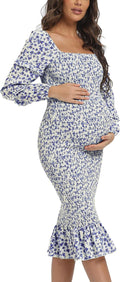 Spring Long Puff Sleeve Maternity Dress Floral Ruffle Hem for Women