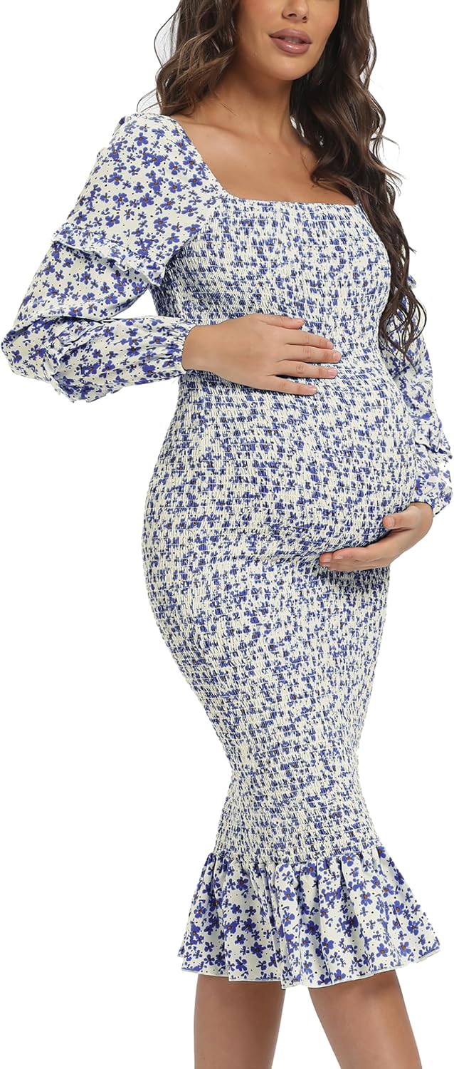 Spring Long Puff Sleeve Maternity Dress for Baby Showers