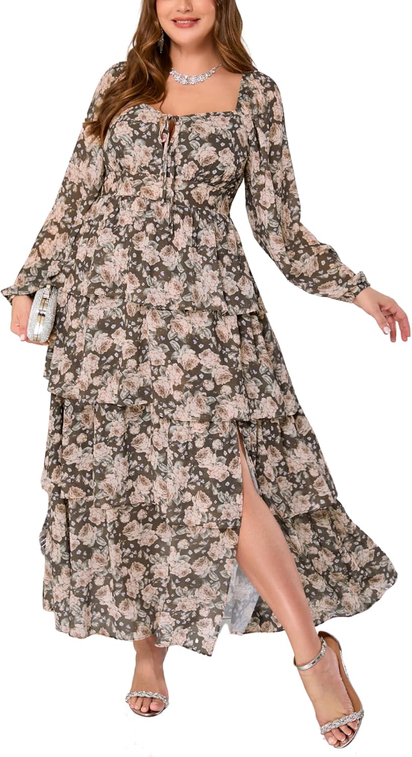 Womens Plus Size Floral Tiered Ruffle Long Sleeve Dress