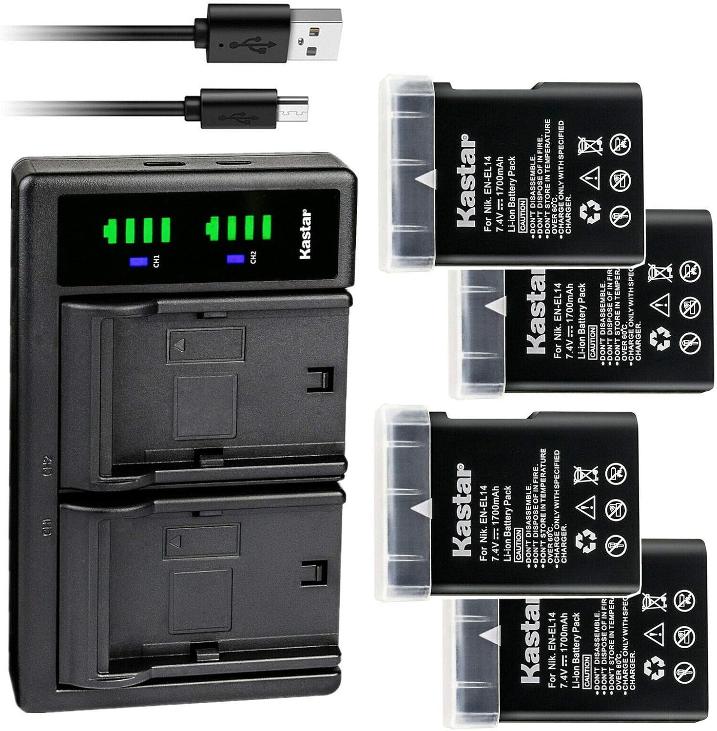 Kastar 4-Pack EN-EL14 Battery and USB Charger for Nikon Cameras