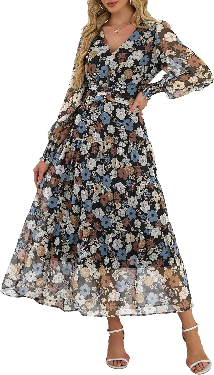 Womens Floral Long Sleeve Maxi Dress for Fall Weddings