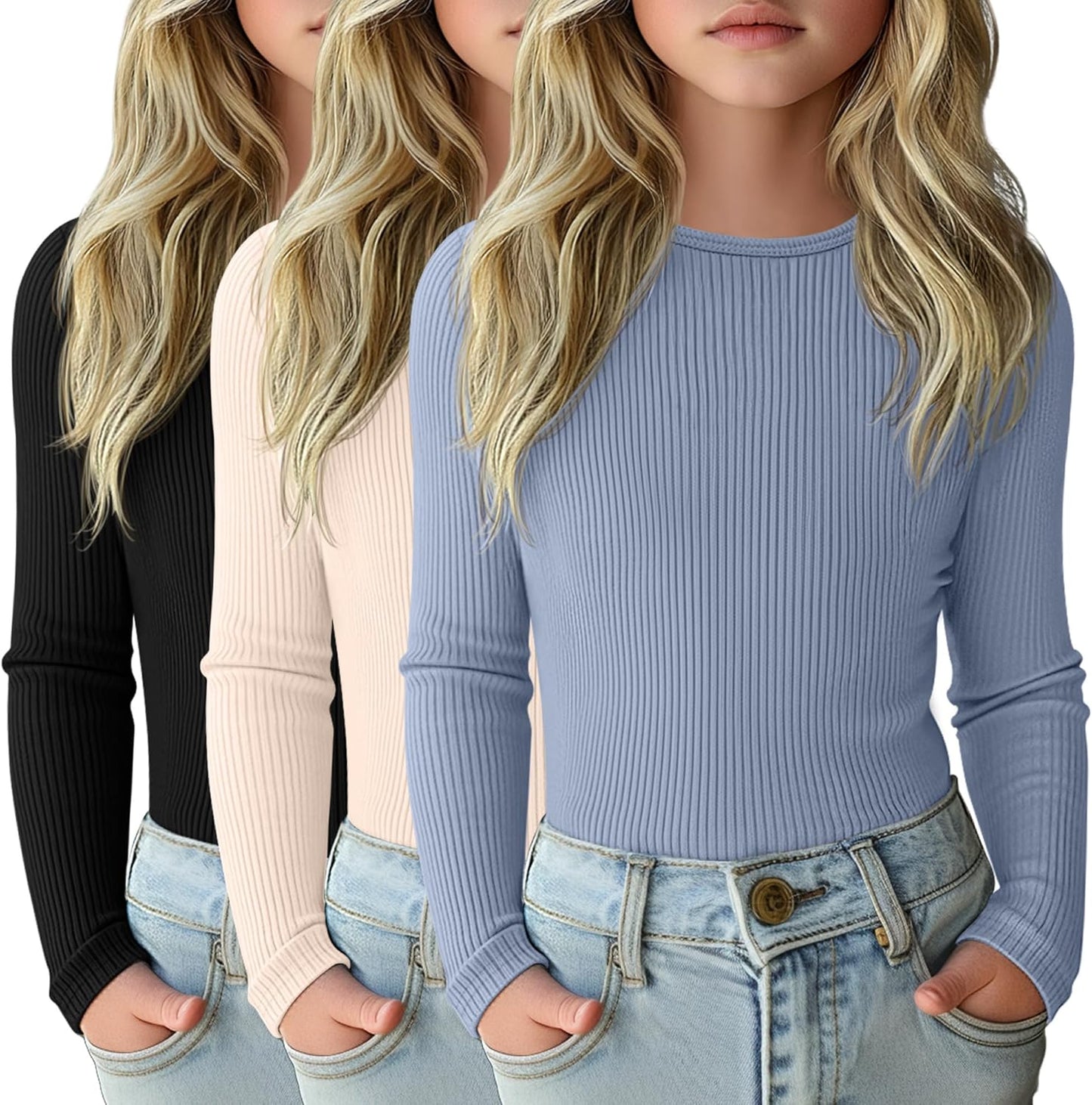 3 Pack Girls Long Sleeve Shirts for Casual Layering and Comfort