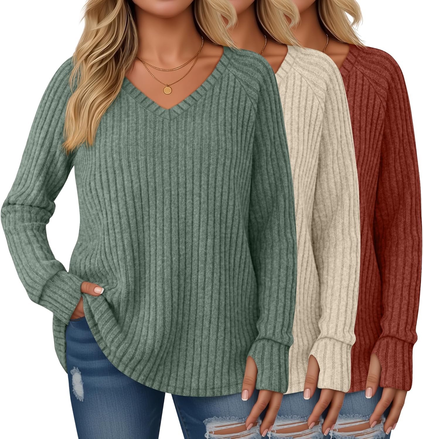 3 Pack Women's Plus Size Sweaters with Thumb Holes for Fall