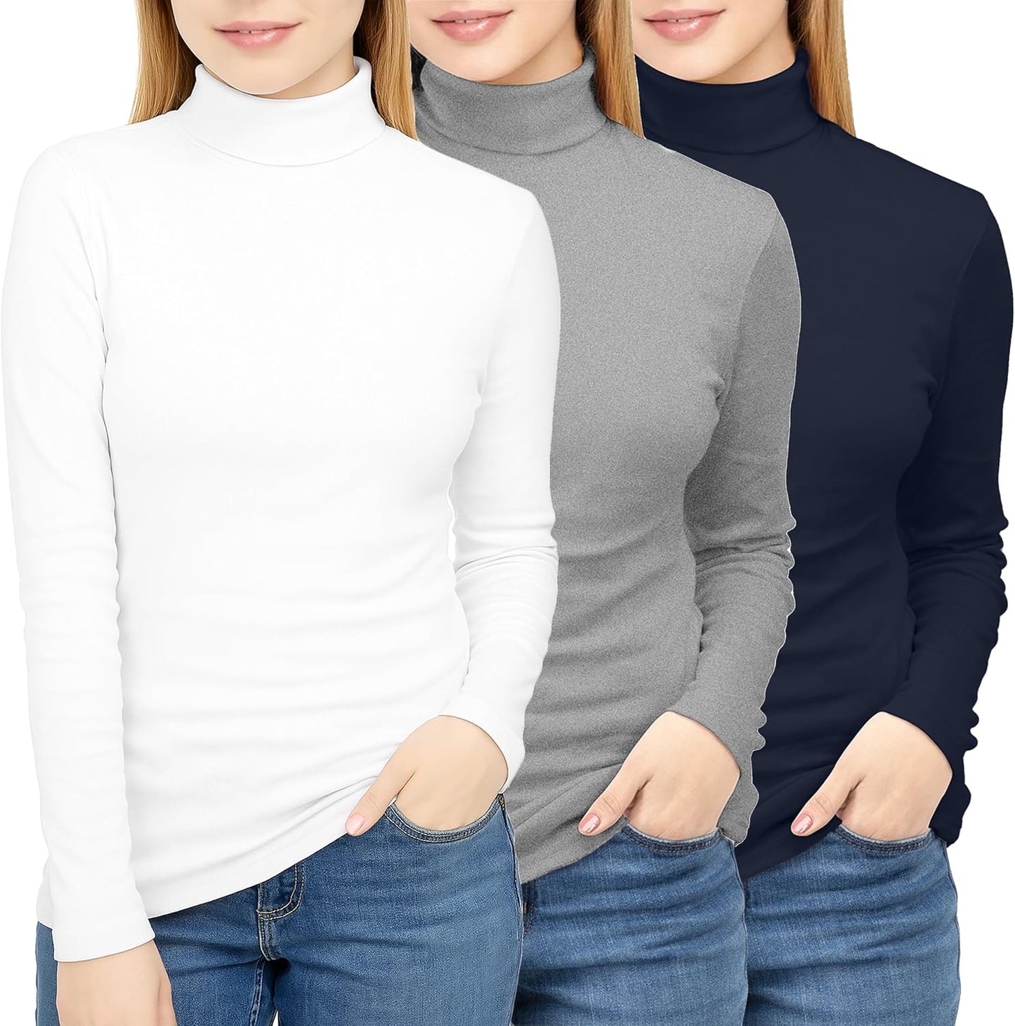NY Threads 3 Pack Womens Turtleneck Long Sleeve Tops Slim Fit