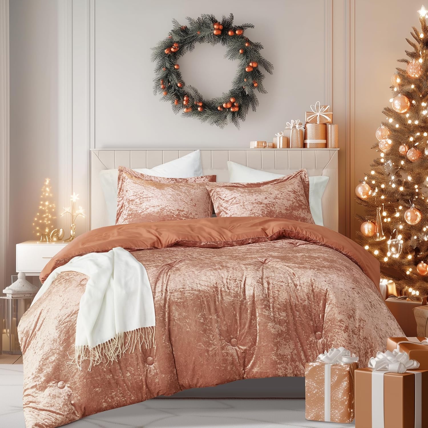 Luxurious Velvet Comforter Set for Queen Size Bed in Burnt Orange