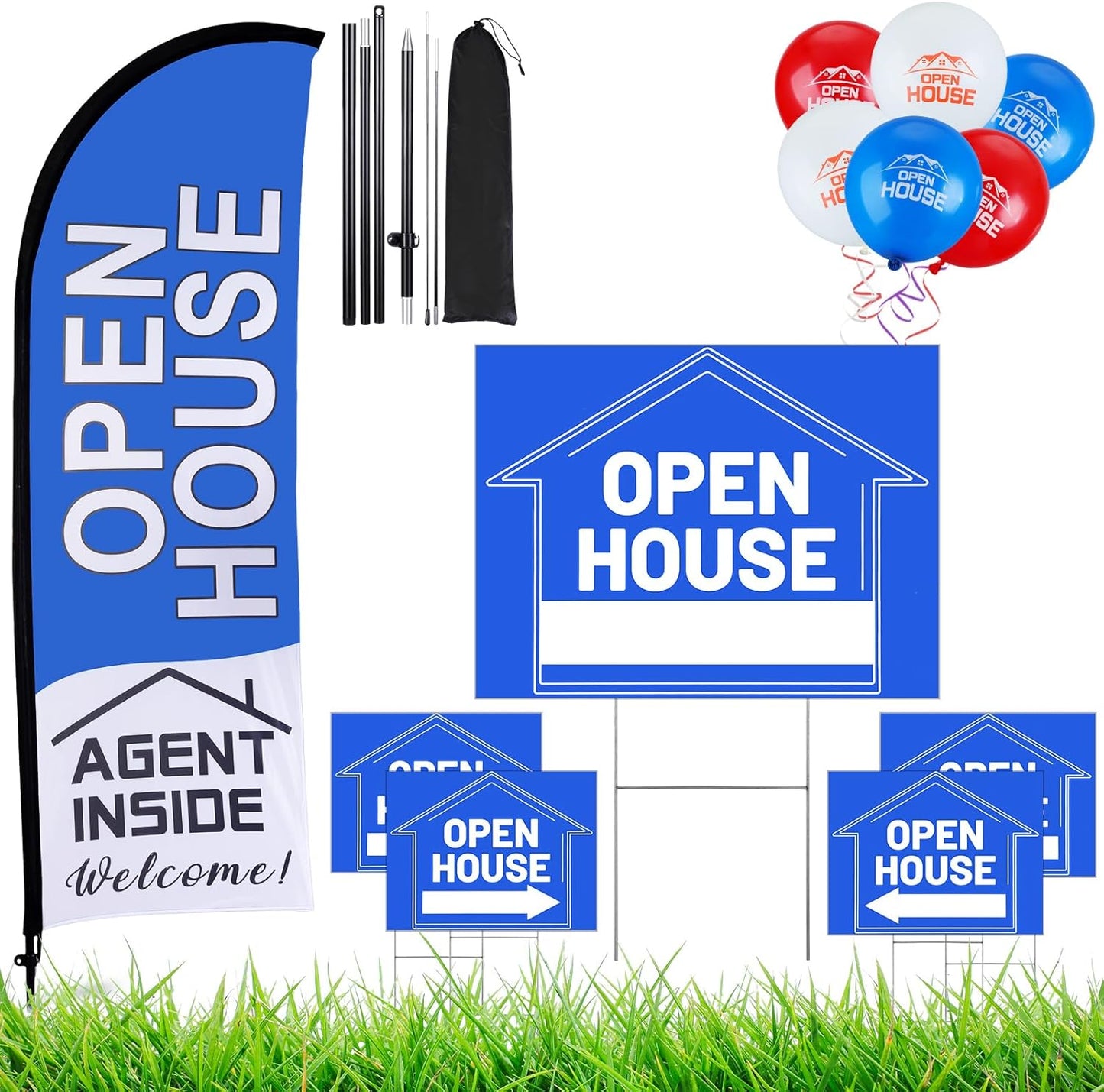 Open House Signs Set with Flag, Balloons, and Directional Arrows