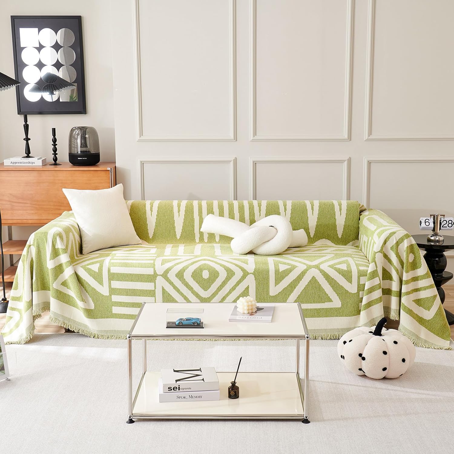 VClife Boho Green and White Geometric Sofa Cover for Couches