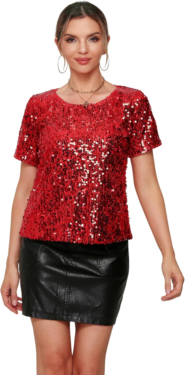 Womens Full Sequin Sparkle Tops for Disco Party and Nights Out