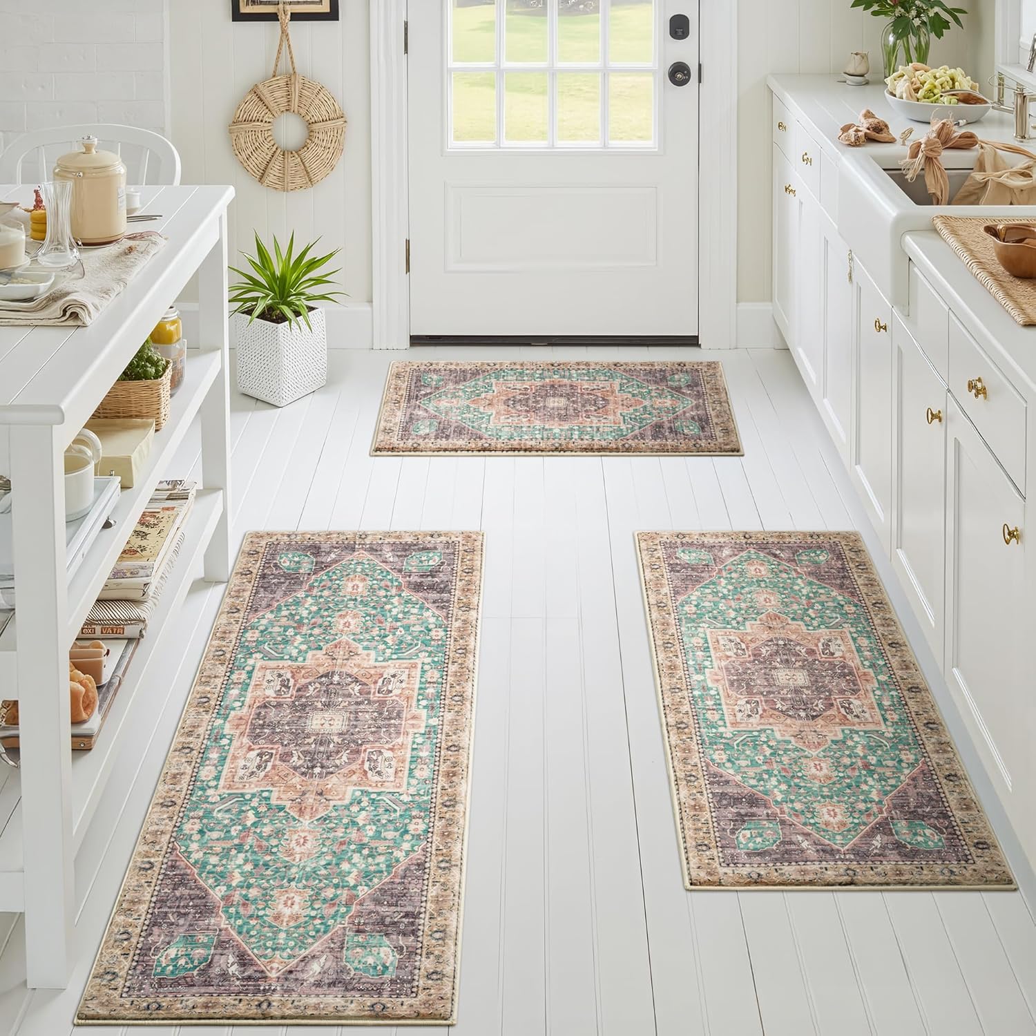 Boho Kitchen Rug Set of 3, Non Slip Washable Faux Wool Mats