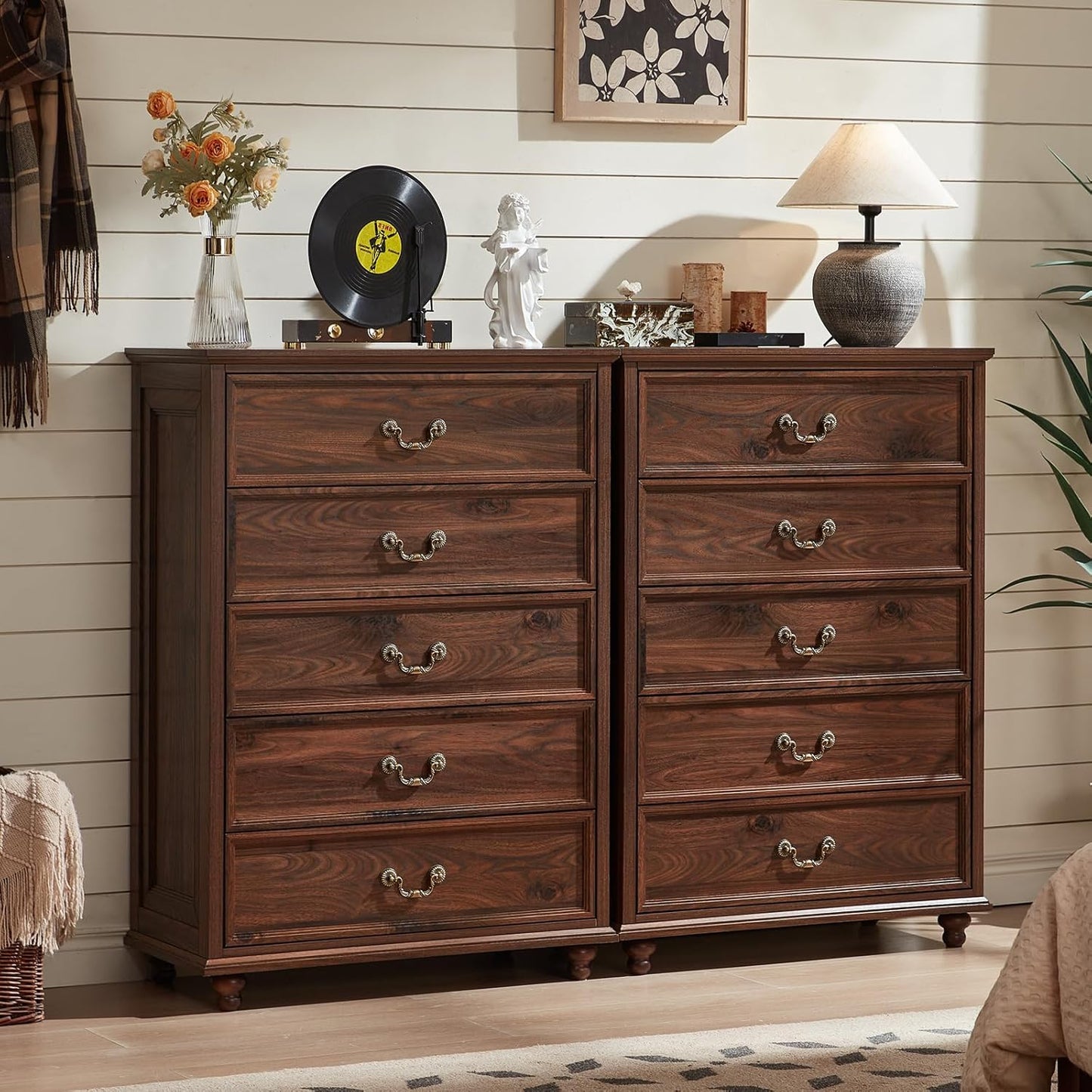 Farmhouse 5 Drawer Dresser Set of 2 for Rustic Bedroom Storage