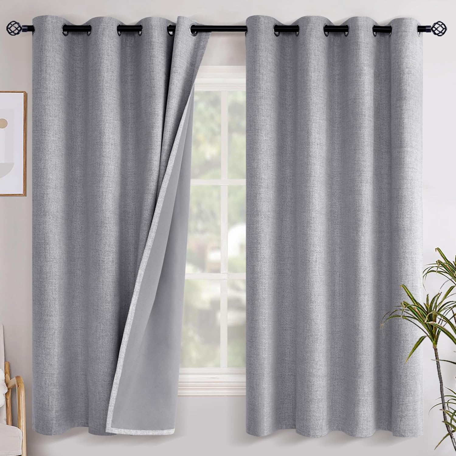 YoungsTex Grey Linen Blackout Curtains for Bedroom and Living Room