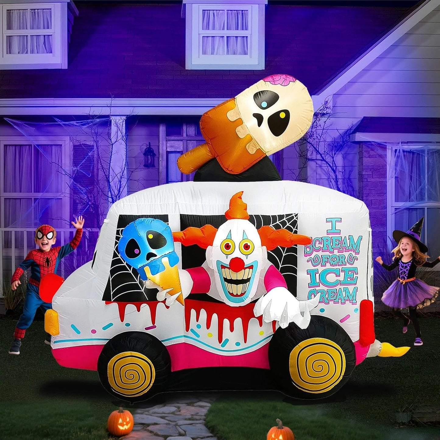 9FT Halloween Inflatable Clown Ice Cream Truck for Yard Decor