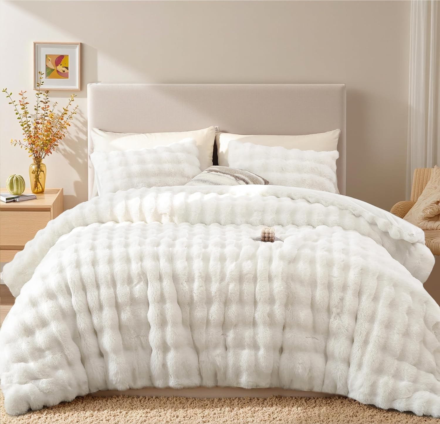 YIKUSH White Comforter Set Queen - Ultra Soft Faux Fur Bedding