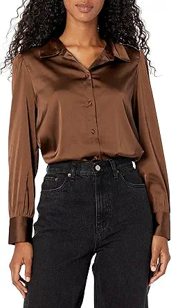 The Drop Women's Long-Sleeve Button Down Stretch Satin Shirt