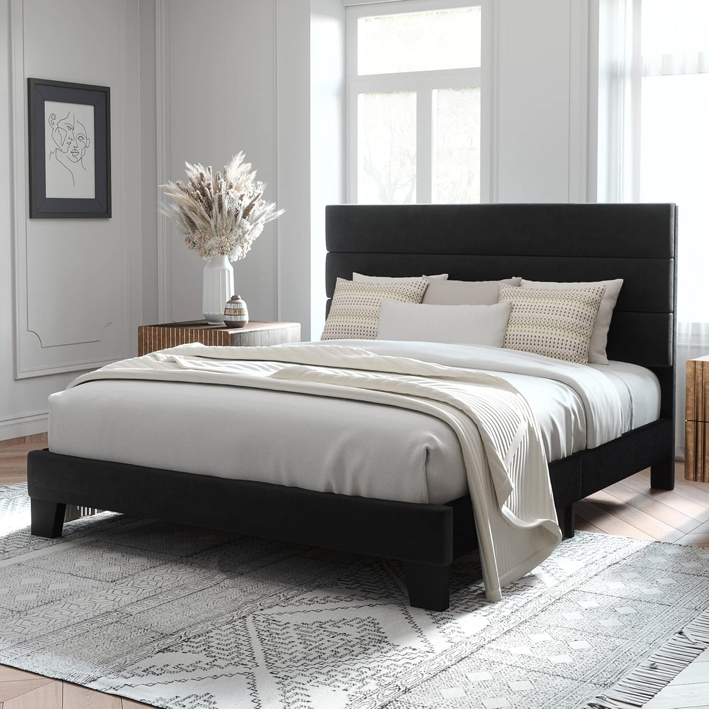 Allewie Queen Size Platform Bed Frame with Velvet Headboard