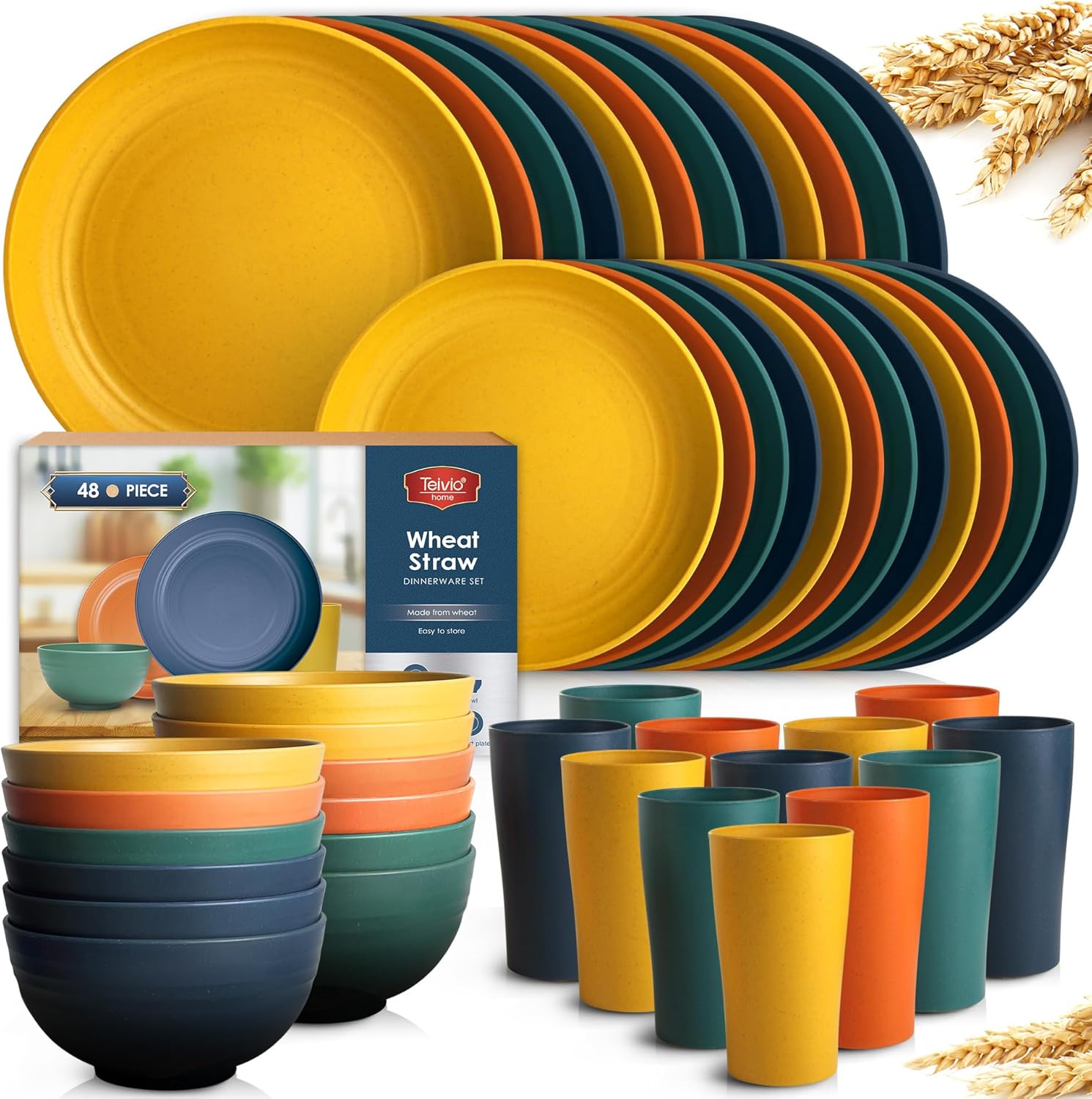Teivio 48-Piece Kitchen Wheat Straw Dinnerware Set for 12