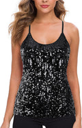 Sequin Strappy Tank Top for Women - Glitter Cami with Adjustable