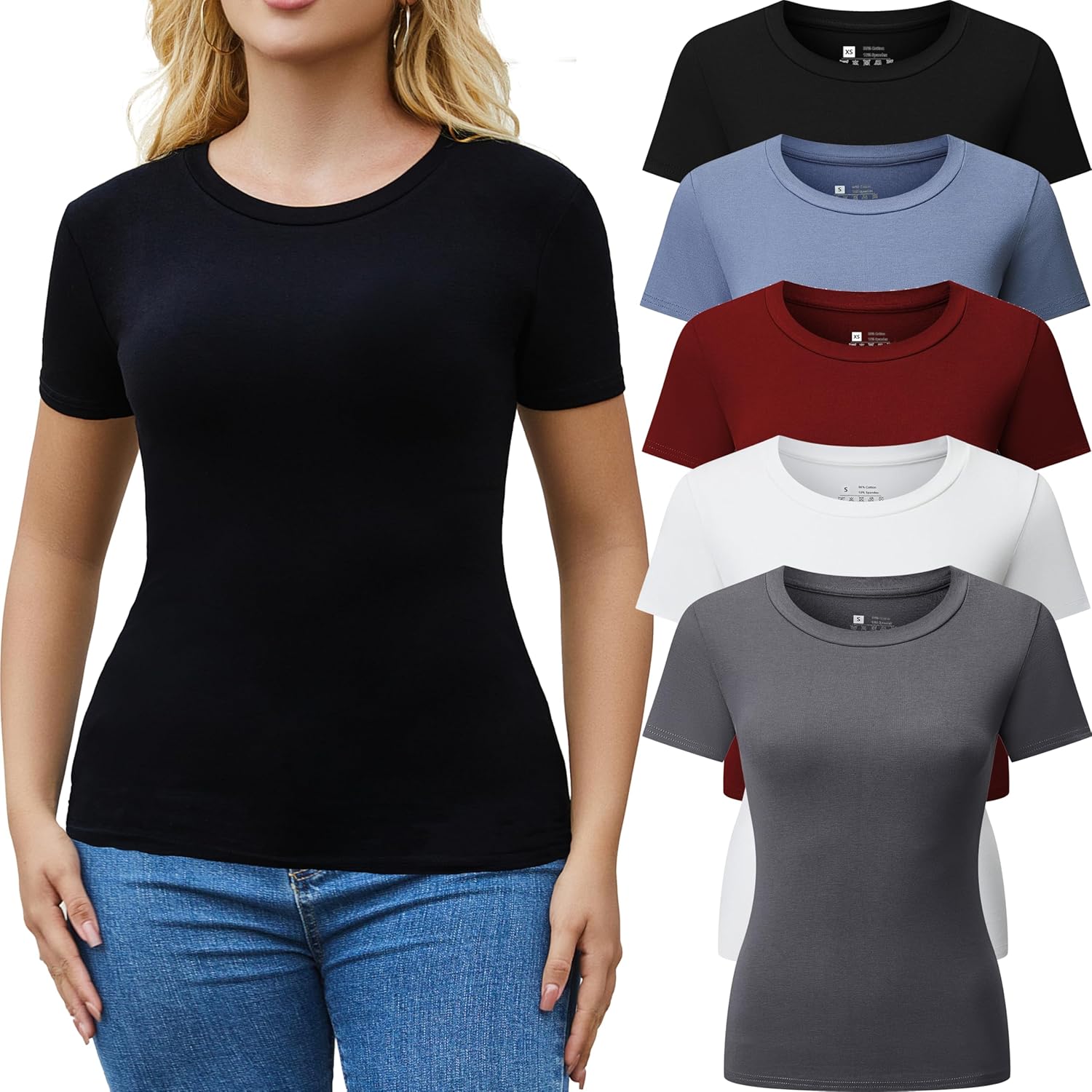 3/5 Pack Crew Neck T Shirts for Women - Casual Fitted Tops