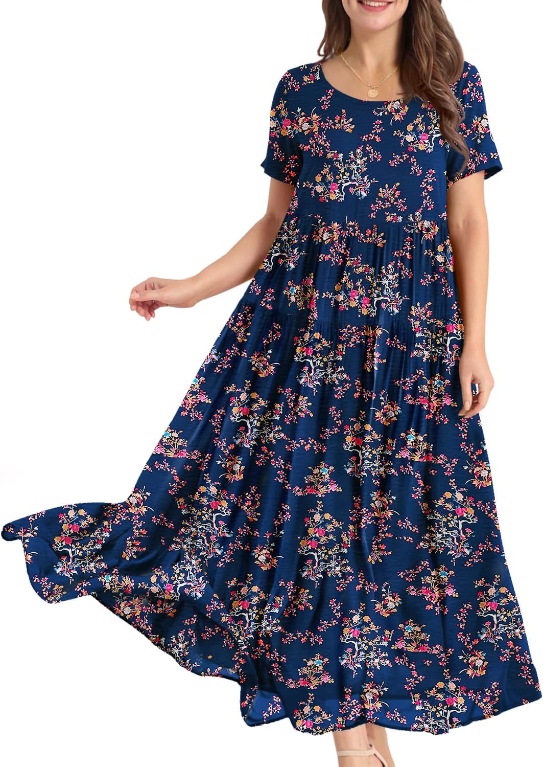 YESNO Women Casual Loose Bohemian Floral Dress with Pockets