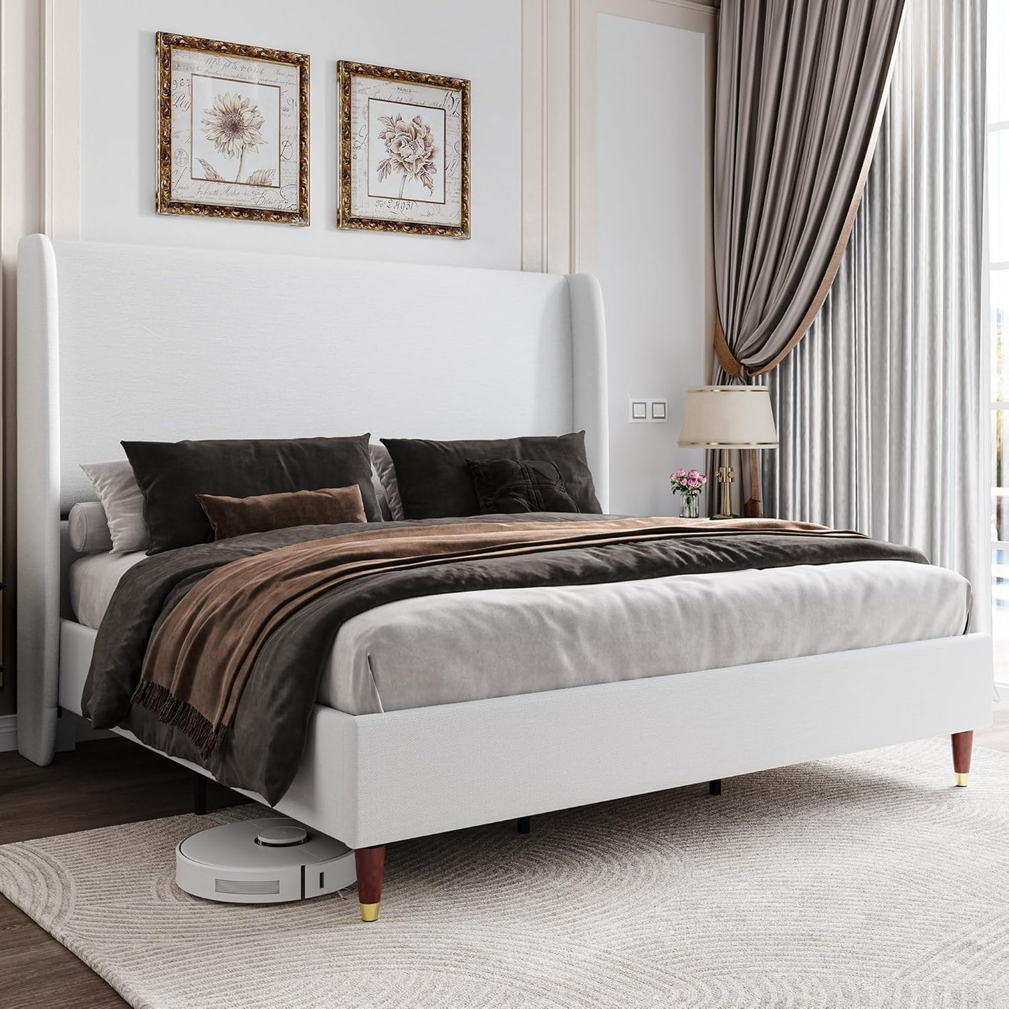 Jocisland King Upholstered Platform Bed Frame with Wingback Headboard