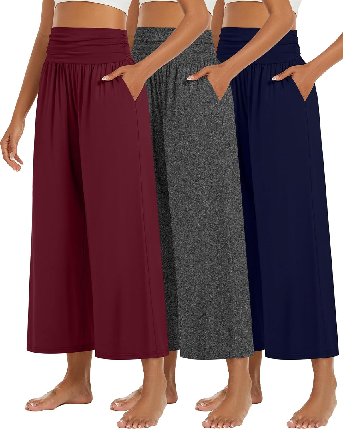 Huukeay Wide Leg Cropped Pants for Women with Pockets