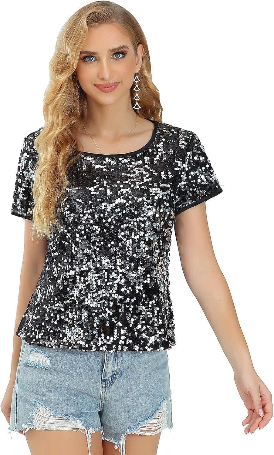 Womens Full Sequin Sparkle Tops for Disco Party and Nights Out