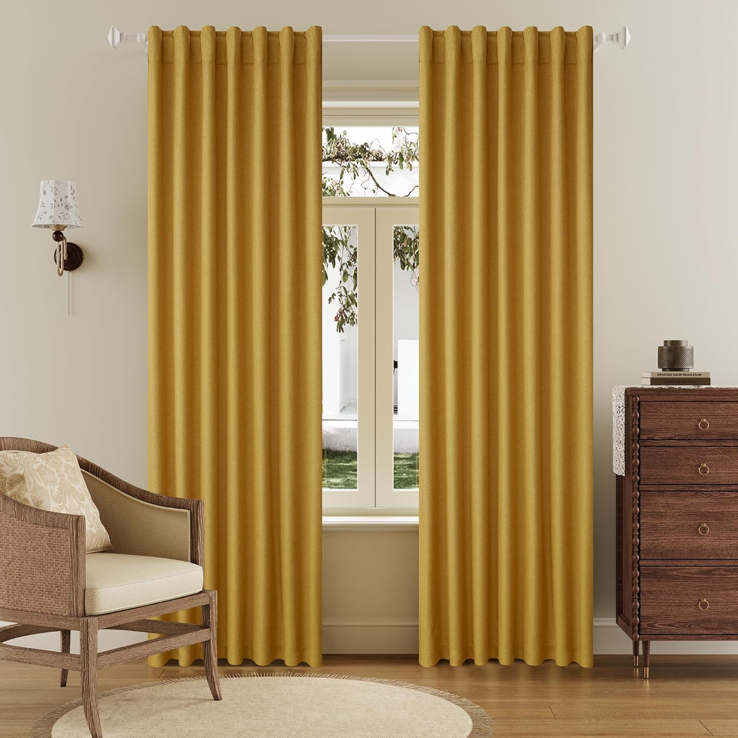 DUALIFE 100% Blackout Linen Yellow Curtains for Complete Darkness
